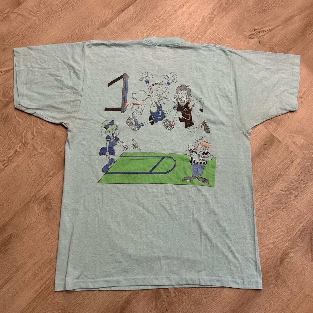 Vintage 80s Basket Brawl Basketball Funny Humor Comic T-Shirt Men's XL Blue Tee
